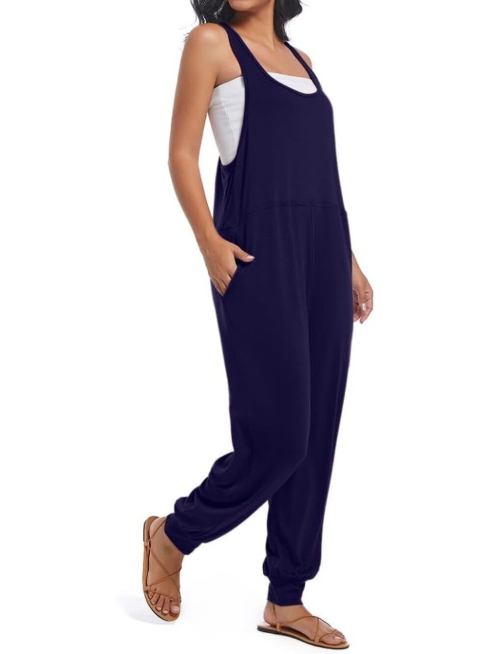 Women's Dark Blue Casual Loose Jumpsuits Harem Long Pants Sleeveless Romper - Picture 5 of 6